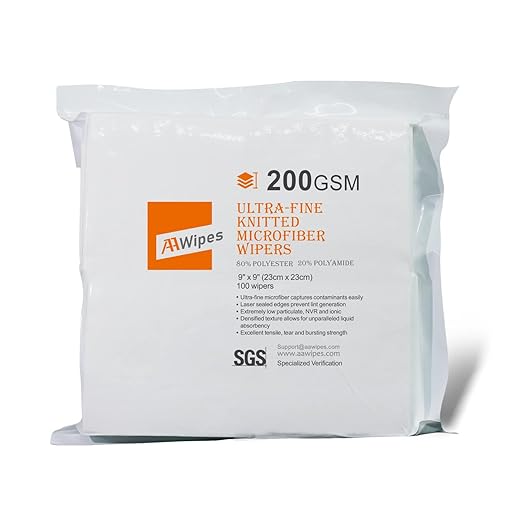 AAwipes Superfine Microfiber Wipes Knitted Cleanroom 9"x9" (100 Pcs/Bag, 200gsm, Polyester) Upgraded Lint Free Cloths for Fiber Optics, Laser Sealed Edge Class 100 Cloths (MF20009)
