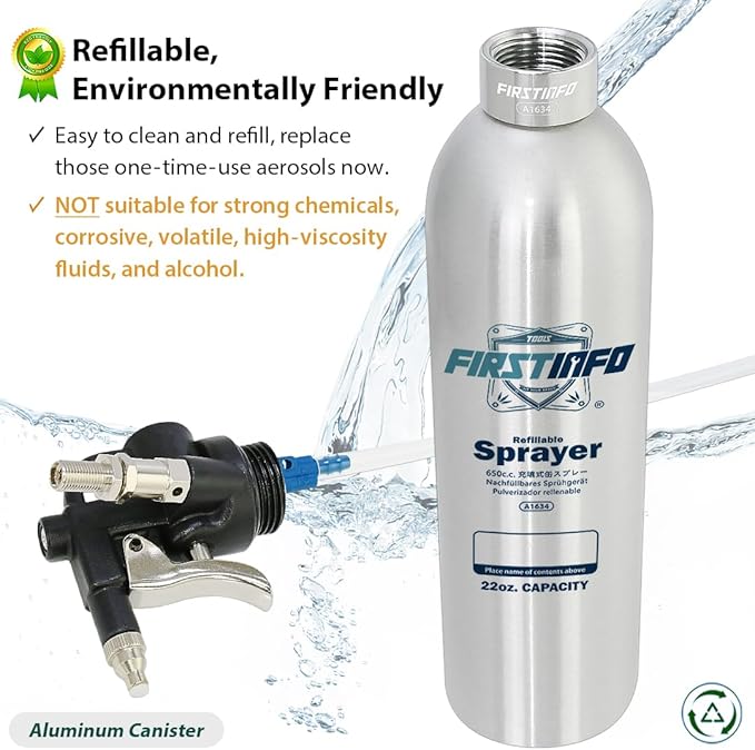 FIRSTINFO A1634 Patented Max. Pressure 110 psi 650ml Aluminum Canister Aerosol Refillable Fluid Storage Spray Can/Pneumatic Compressed Air Sprayer