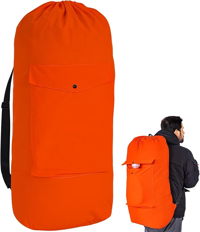 Sanlykate Canvas Backpack Laundry Bag - Extra Large Durable Dirty Clothes 2-3 Days Capacity with Adjustable Shoulder Strap & Front Pocket, for College Dorm, Apartment, Laundromats, Camping Travel