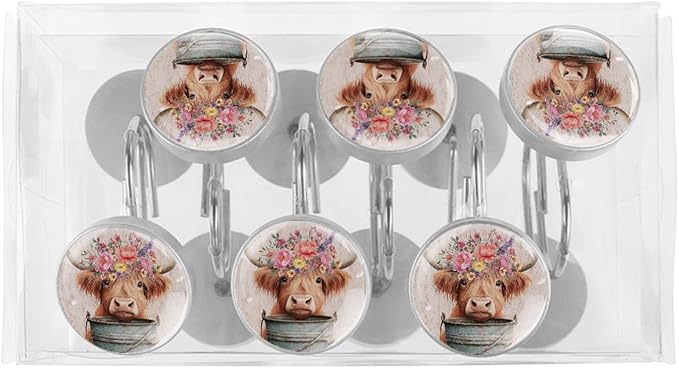 12 Packs Highland Cow with Flowers Shower Curtain Hooks, Stainless Steel Glass Shower Curtain Rings for Bathroom Decor, Rustproof Metal Curtain Rod Hooks
