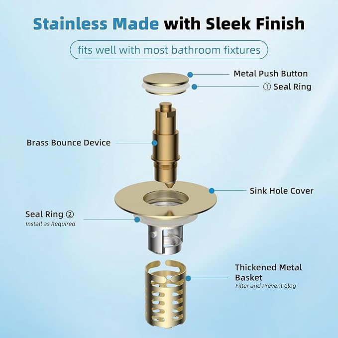 Universal Metal Bathroom Sink Drain Strainer Hair Catcher Upgraded 3 in 1 Pop-up Sink Stopper, with Detachable Stainless Steel Filter Basket, Fit for Standard 1.1''~2.36'' Basin Hole, Brushed Gold