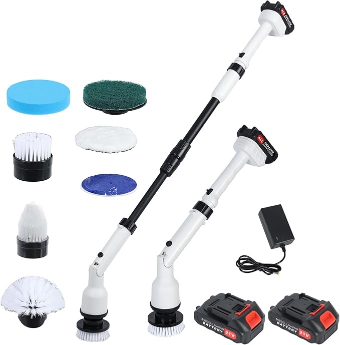 Electric Spin Scrubber,Cordless Cleaning Brush,Shower Scrubber with 2 Batteries & 1 Charger, 4 Replacement Brush Heads, Telescopic Rod Electric Scrubber for Bathroom Tub Tile Floor Spin S