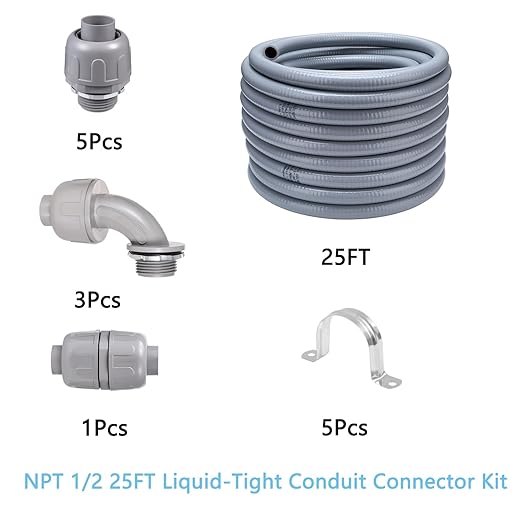 25FT NPT 1/2 Inch Liquid Tight Connector Non-Metallic PVC Electrical Flexible Conduit Fittings, UL Listed - with 5 Straight, 3 Curved and 1 Double-Port Connector