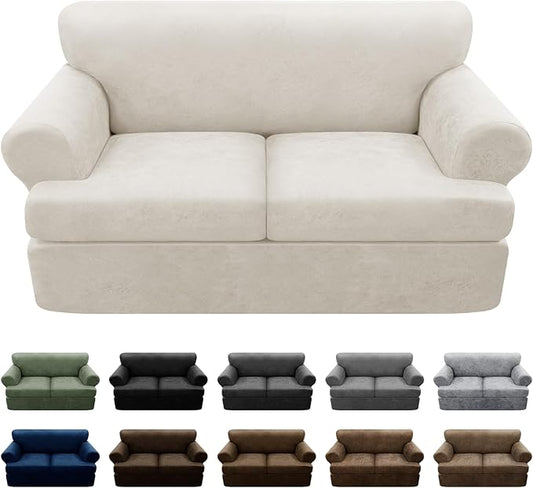 3-Pieces T Cushion Loveseat Slipcovers Leather Look Couch Cover Loveseat Covers for 2 Cushion Couch Furniture Protector Stretch Sofa Cover with 2 Individual T Cushion Seat Covers, Beige
