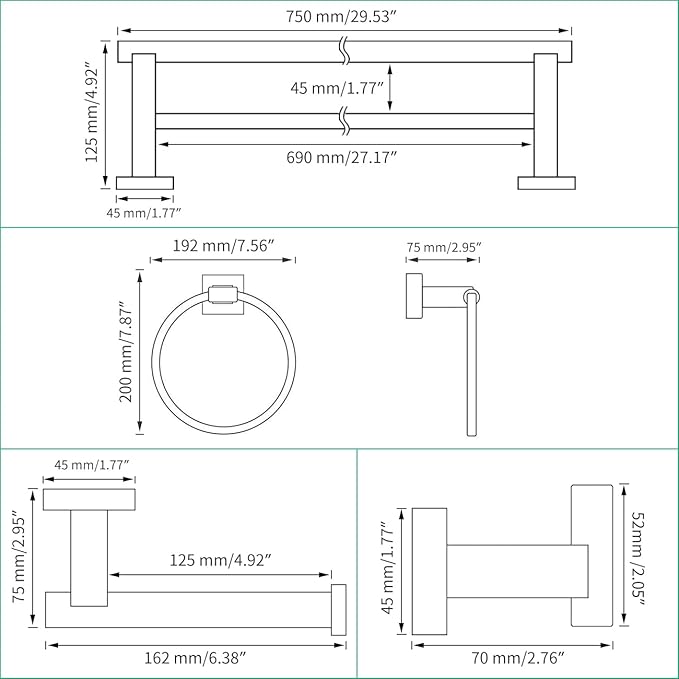 Miyili Matte Black 5-Piece Bathroom Hardware Kit Set Stainless Steel Wall Mount - Includes Double Towel Bar, Hand Towel Rack, Toilet Paper Holder, 2X Robe Hook, BS02B5