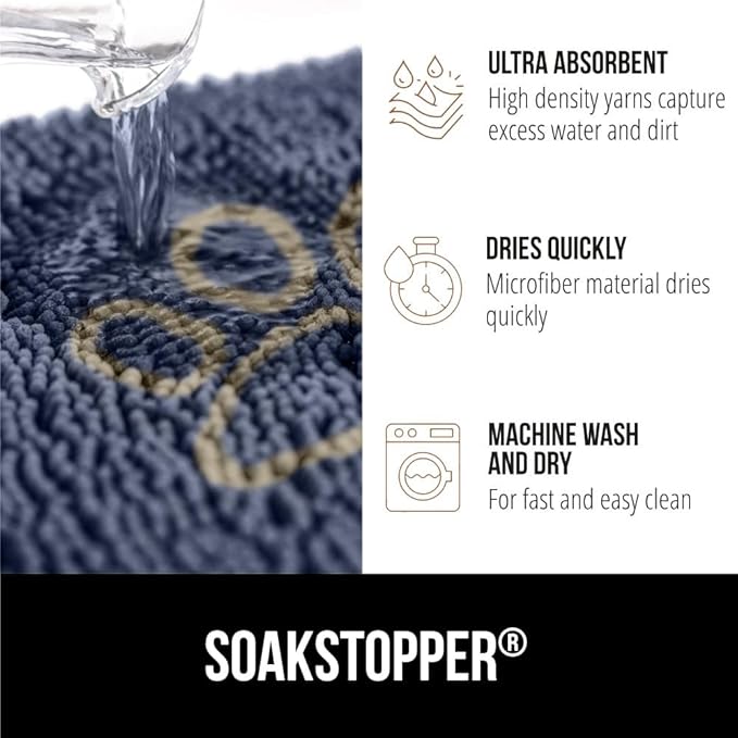 GORILLA GRIP SoakSTOPPER Dog Door Mat, Machine Washable Rug Absorbent Doormat Captures Moisture Mud Dirt, Quick Dry Soft Chenille Entryway Rugs Indoor Entrance Mats for Dog Paws, 24x17 Navy
