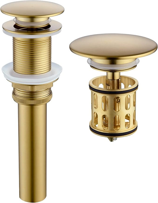 JONKEAN Bathroom Pop Up Drain Without Overflow,Vanity Vessel Sink Drain with Detachable Strainer Basket,Pop Up Drain Stopper Hair Catcher, Built-in Anti-Clogging Strainer(Brushed Gold)