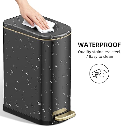 2.6 Gal Bathroom Trash Can with Soft Close Stay Open Lid, Small Rectangular 10L Stainless Steel Waste bin for Narrow Space, Waterproof, Odor Protection, Titanium Black