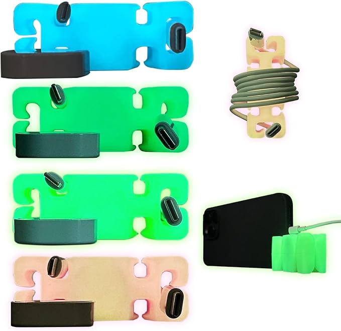 GlowBrick Stocking Stuffers for Adults Cord Management Weighted Cord Holder Cable Wrap Phone Stand - Glow-in-The-Dark Gadget Organizer for Nightstand. Gift for Men, Silicone. 4pk Assorted Glow