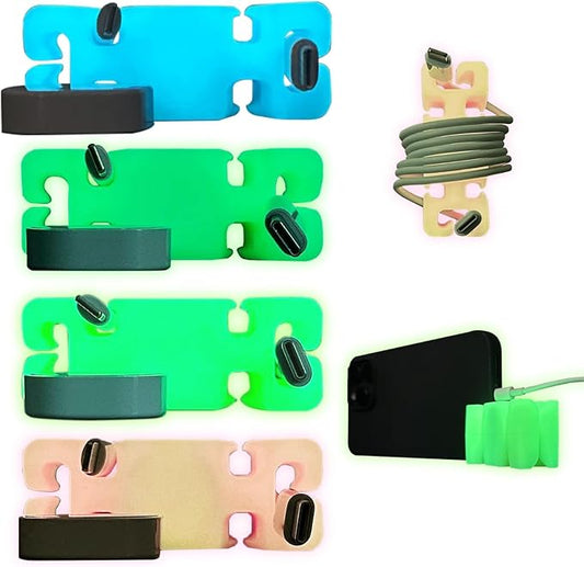 GlowBrick Stocking Stuffers for Adults Cord Management Weighted Cord Holder Cable Wrap Phone Stand - Glow-in-The-Dark Gadget Organizer for Nightstand. Gift for Men, Silicone. 4pk Assorted Glow