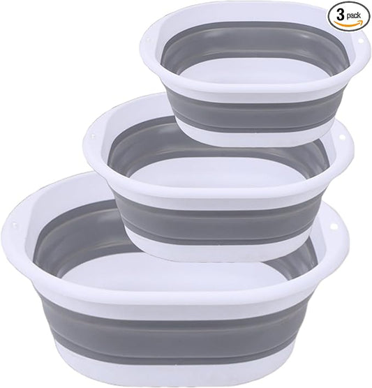 3-piece folding washbasin set, foldable dishwasher basin, space-saving folding sink, suitable for apartments, camping, dishwashing, fruit and beverage container, hiking, and household use (Grey)