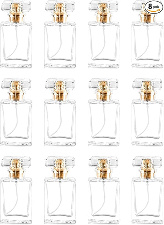 Glass Perfume Bottle Empty Refillable 8Pack Clear Travel Perfume Spray Atomizer Bottle 30ml Perfume Fine Mist Spray Perfume Bottle Atomizer Container with Sprayer Applicator (Clear Square 30ml 24PCS)