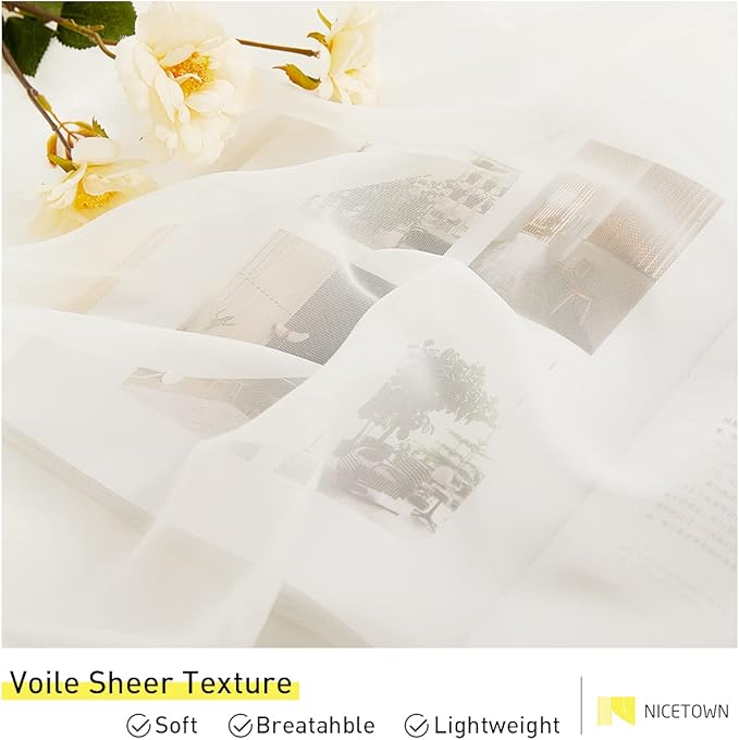 NICETOWN 2 Panels Beige Indoor Outdoor Curtains & Drapes, Self-Sticky Tab Top Elgant Airy Voile Sheer Lightweight & Airy Drapes with Light Filtering for Living Room/Patio/Porch, W54 x L108