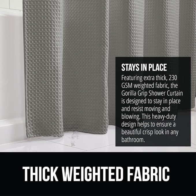 GORILLA GRIP Waffle Shower Curtain and Area Rug Set, Waffle Shower Curtain Size 72x72, Washable, Contour Set Includes 30x20 Bath Rug and Toilet Mat, Microfiber Quick Dry, Both in Gray, 2 Item Bundle