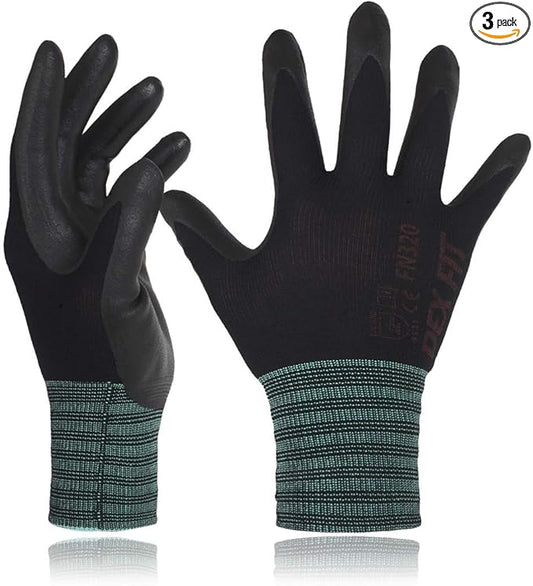 DEX FIT Nylon Work Gloves FN320, 3D Comfort Fit, Power Grip, Lightweight & Breathable, Touchscreen, Gardening, Yard Work, Warehouse, Delivery Driver Gloves; Black 8 (M) 3 Pairs