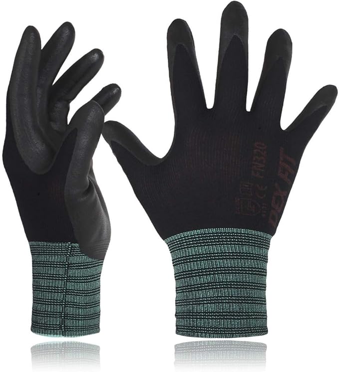 DEX FIT Nylon Work Gloves FN320, 3D Comfort Fit, Power Grip, Lightweight & Breathable, Touchscreen, Gardening, Yard Work, Warehouse, Delivery Driver Gloves; Black 6 (XS)
