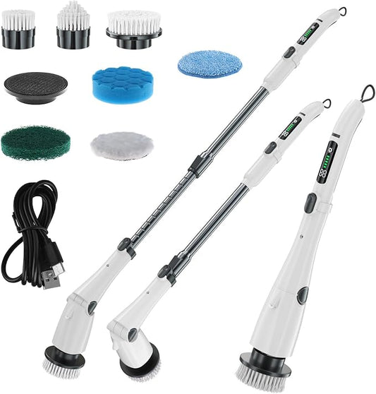 7.4V Electric Spin Scrubber Handheld Cordless Cleaning Brush Electric Cleaning Brush Kit with 7 Brush Heads, Adjustable Handle, 3 Speeds, Ideal for Home Kitchen Bathroom Wall Floor(White)
