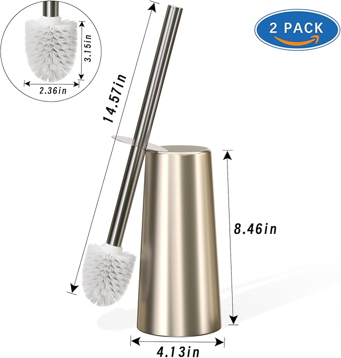 2 Pack Toilet Brush and Holder-with 304 Stainless Steel Long Handle-Toilet Bowl Brush for Bathroom (Champagne Gold)
