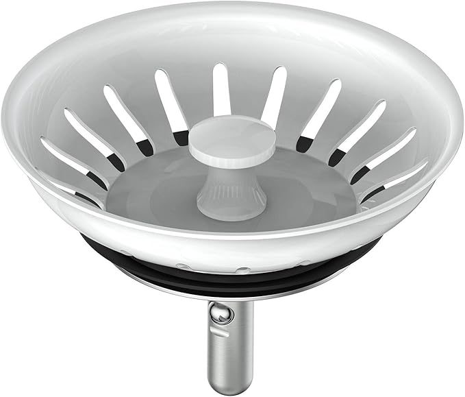 KANARY Stainless Steel Kitchen Sink Strainer Basket-Replacement for Standard Drains-Ball-lock Rubber Stopper (Single, White)