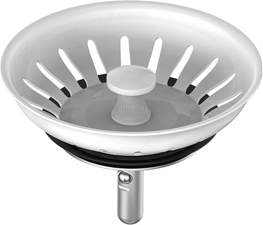 KANARY Stainless Steel Kitchen Sink Strainer Basket-Replacement for Standard Drains-Ball-lock Rubber Stopper (Single, White)