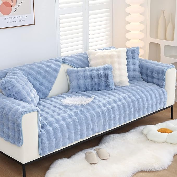Soft Warm Faux Fur Couch Sofa Cover Thick Shaggy Fuzzy Sectional Couch Cover Non-Slip Solid Color Plush Sofa Slipcover Furniture Protector for Kids, Pets (Light Blue,36"x47")
