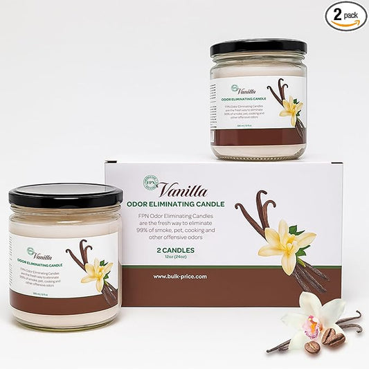 FPN Candle Set Vanilla Odor Eliminating – 2 Pack - 12oz – Long-Lasting Soy Wax Candles – Neutralizes Pet, Kitchen & Smoke Odors – Clean Burn, Eco-Friendly, Aromatherapy Candle