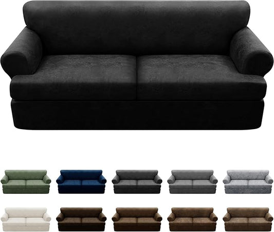 3-Pieces T Cushion Sofa Slipcovers Leather Look Couch Cover for 2 Cushion Couch Furniture Protector Stretch Sofa Cover with 2 Individual T Cushion Seat Covers Washable, Black