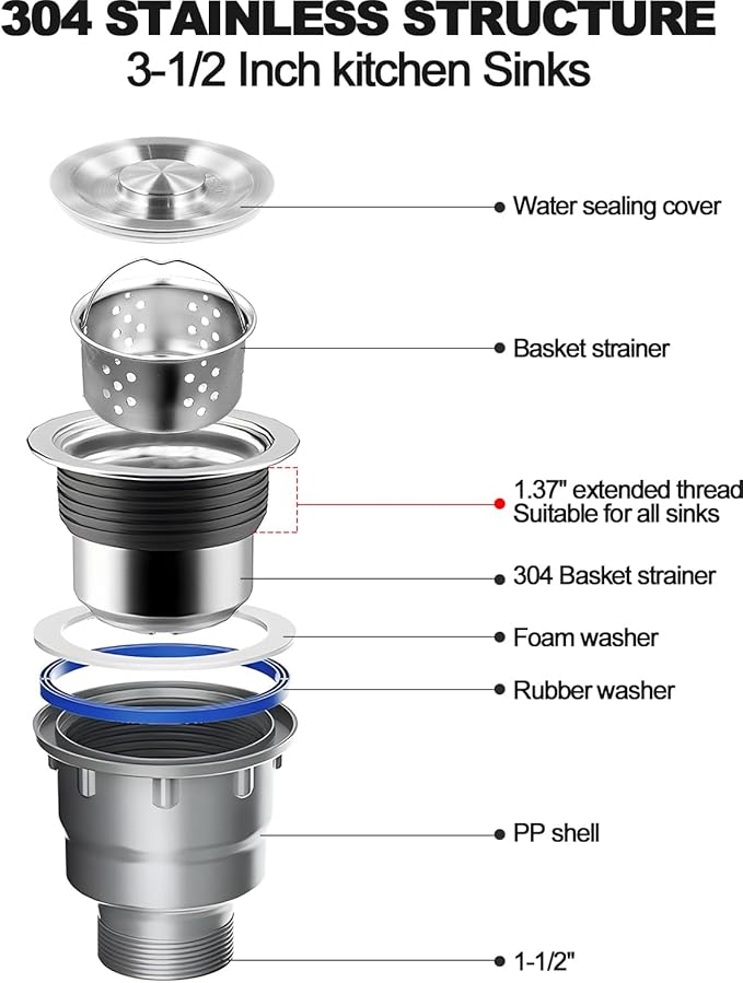 Double Sink Drain Kit Space Saving Kitchen Sink Drain Kit Expandable Flexible 1 1/2" P-Trap Pipe 3-1/2 Inch Sink Drain Assembly Kit with 4-Way Fitting Adapter for Dishwasher