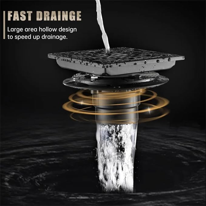 ELLO&ALLO Shower Floor Drain with Flange,Quadrato Pattern Grate Removable 6 Inch Square, SUS 304 Stainless Steel, Matte Black