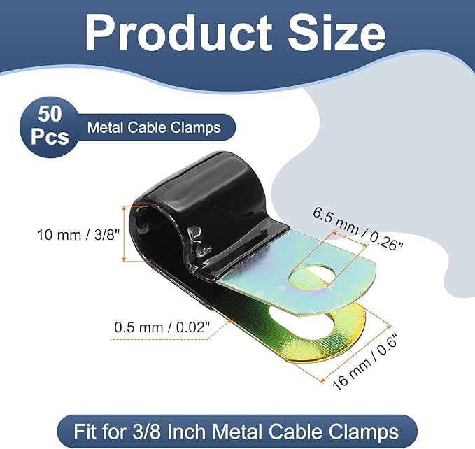 PATIKIL 3/8 Inch Vinyl Coated Cable Clamps, 50 Pack Galvanized Steel Metal Cable Clips Rubber Cushion Insulated Pipe Clamps for Tube Lines Cord Wire Management, Black
