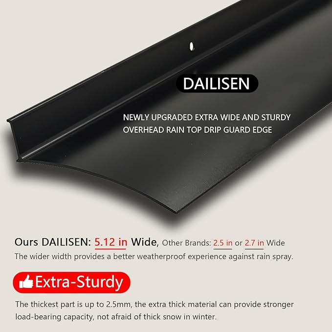 Heavy-Duty 5.12" W 55.1" L Door Rain Drip Guard Overhead,Aluminum Drip Cap for Exterior Doors Window Top,Rain Drip Edge Flashing,Water Deflector,Rain Diverter,Anodized Black 1PCS