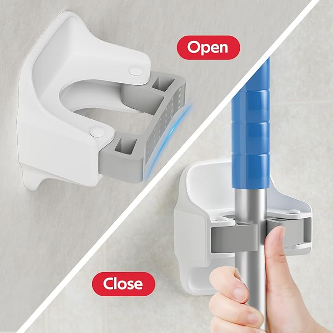 reliahom 3 Pack Broom Holder Wall Mount Mop Grippers No Drilling Self Adhesive Anti-Slip Mop Handle Hanger Dustpan and Broom Organizer Garage Storage Racks-White