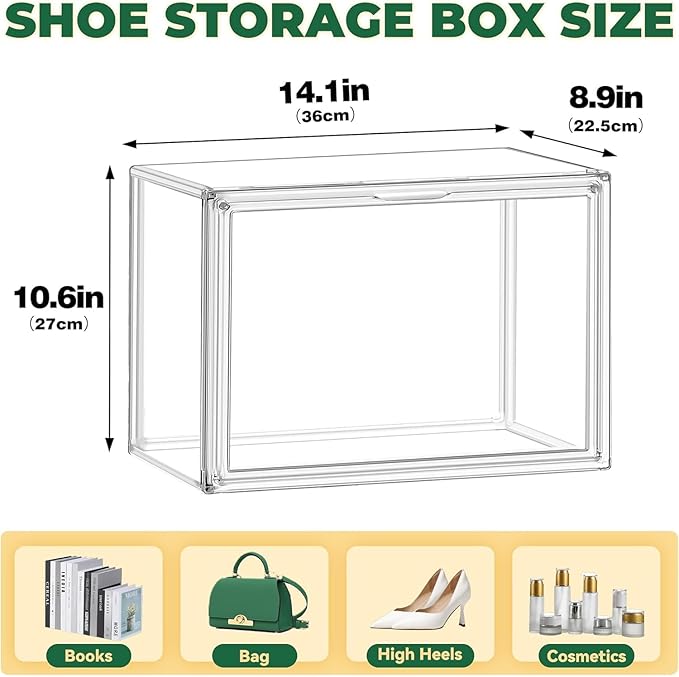 10 Pack Acrylic Shoe Box Size 14, X-Large Clear Purse Bag Organizer for Closet 14.1'' x 8.9'' x 10.6'' Transparent Handbag Storage Box, Acrylic Display Case for Shoes, Purses, Wallets & Bags