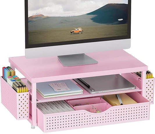 gianotter Wood Monitor Stand Riser, Desk Organizer with Drawer and 2 Pen Holders, 2-Tier Workspace Organizer for Office Supplies(Pink Wood)