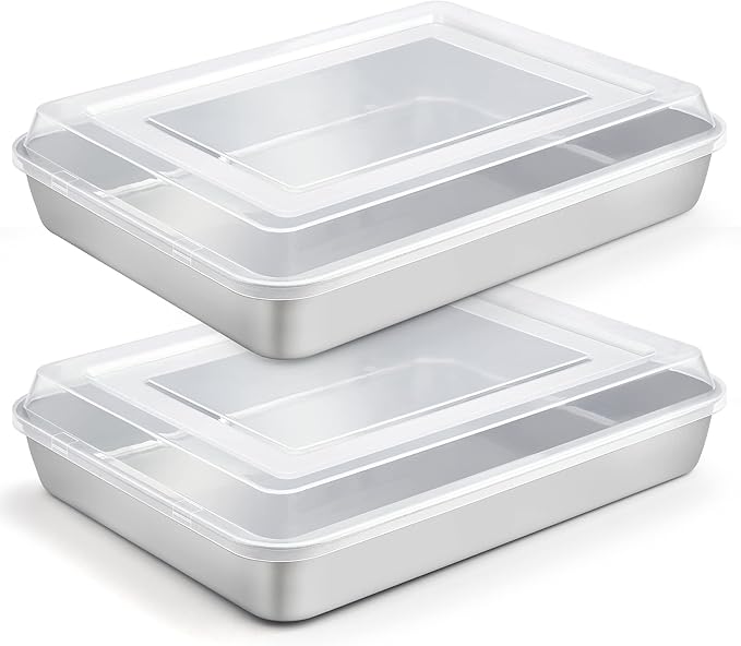 TeamFar Lasagna Pan, 12.3’’ x 9.75’’ x 2’’ Stainless Steel Rectangular Cake Brownie Baking Pan with Lid, Non-Toxic & Heavy Duty, Brush Surface & Deep Side, Dishwasher Safe-2 Pans+2 Lids