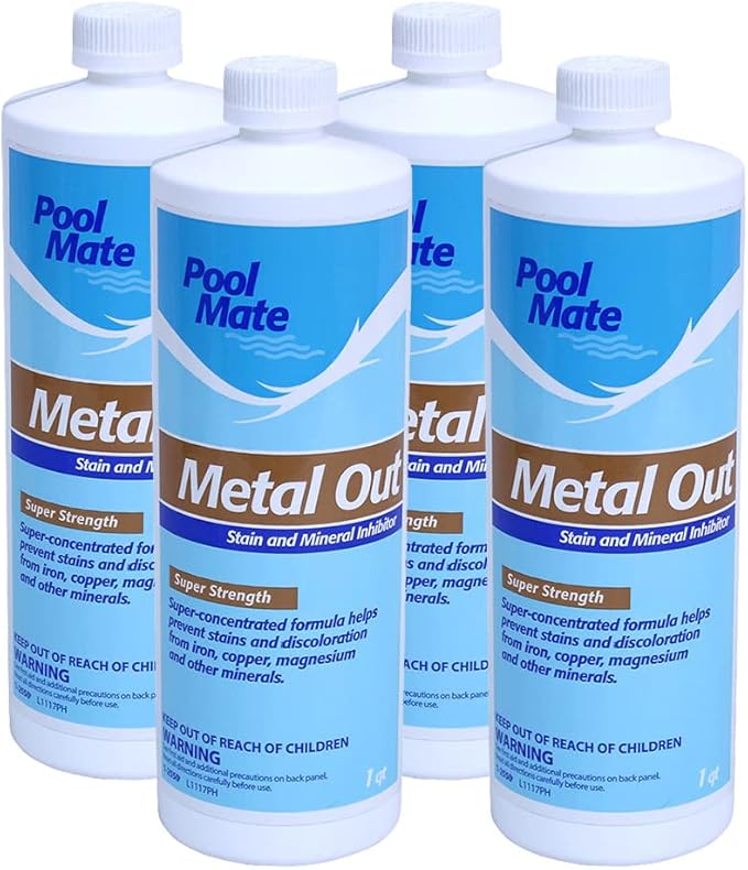 Pool Mate 1-Quart 4-Pack Concentrated Metal Out Stain and Mineral Inhibitor, Pool Metal Remover, Stain Remover, Made in USA