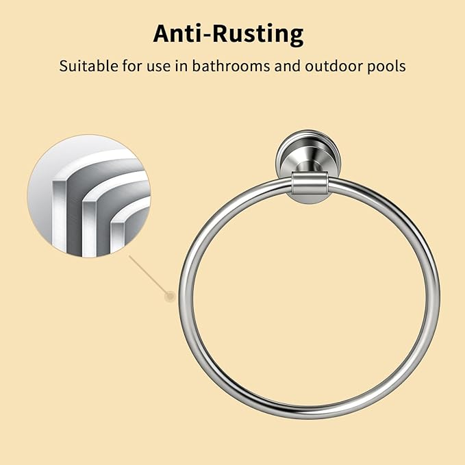 YUMORE Brushed Stainless Steel Bathroom Hardware Set, 4-Pieces Wall Mounted Bath Accessories Kit with Towel Bar, Towel Ring, Toilet Paper Holder & Robe Hooks, Modern Durable Design