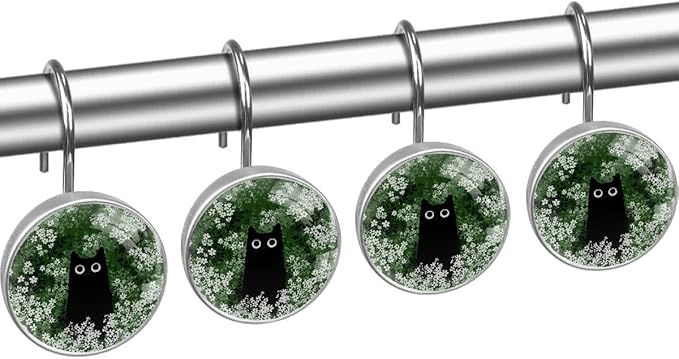 12 Packs Black Cat Floral Shower Curtain Hooks, Stainless Steel Glass Shower Curtain Rings for Bathroom, Rustproof Metal Curtain Rod Hooks