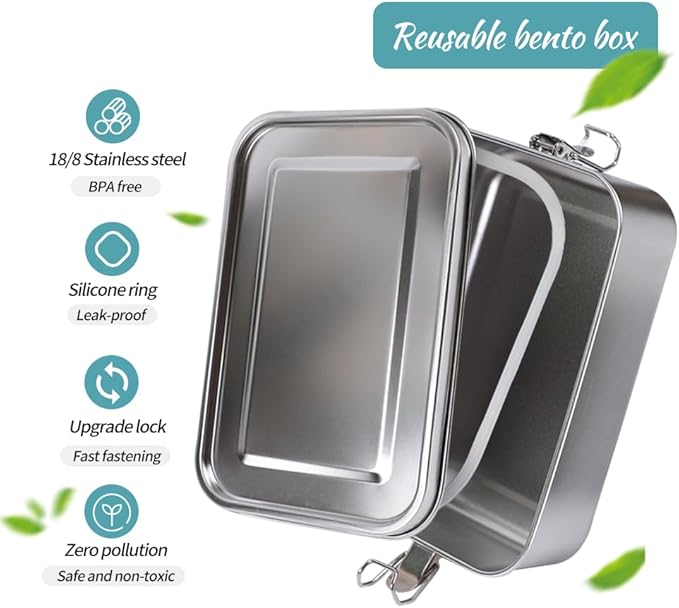 3-Pack 1200ml (40.6 oz) Stainless Steel Bento Lunch Box Containers with Lids - Waterproof Metal Food Storage - Snack Prep Trays and Tiffin Carriers