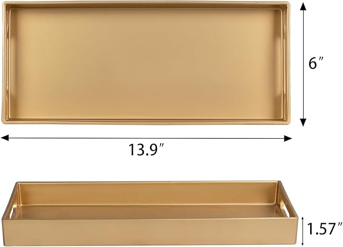 MAONAME Gold Vanity Tray Set of 2, Plastic Decorative Tray with Handles, Rectangular Bathroom Trays for Toilet Tank, 13.8" X 6" X 1.57"