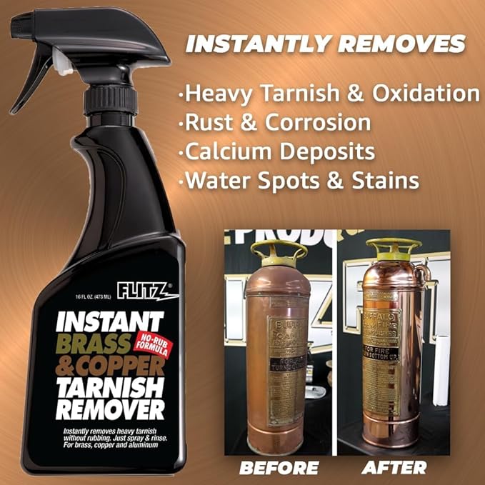 Flitz Instant Brass and Copper Tarnish Remover - 16oz Bottle of USA-Made Organic Rust Remover Spray (No-Rub) - Removes Stains & Oxidation from Glass & Aluminum - Brass Cleaners That Work (6 Pack)