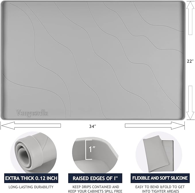 Heavy Duty Silicone Under Sink Mats for Kitchen Waterproof 37" x 19", Extra Thick Under Sink Rubber Mat Drip Tray, Raised Edge Under Sink Liner,Prevent Drips, Leaks, Spills,Grey
