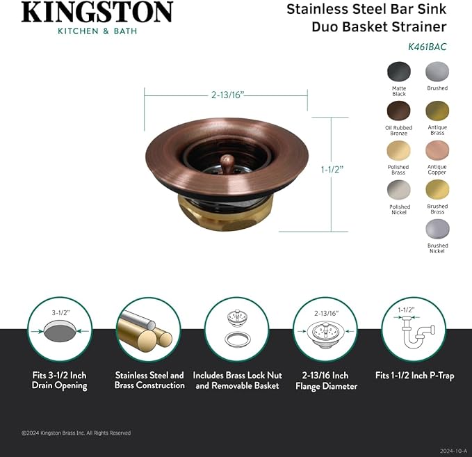 Kingston Brass K461BAB Tacoma Bar Sink Basket Strainer, Antique Brass