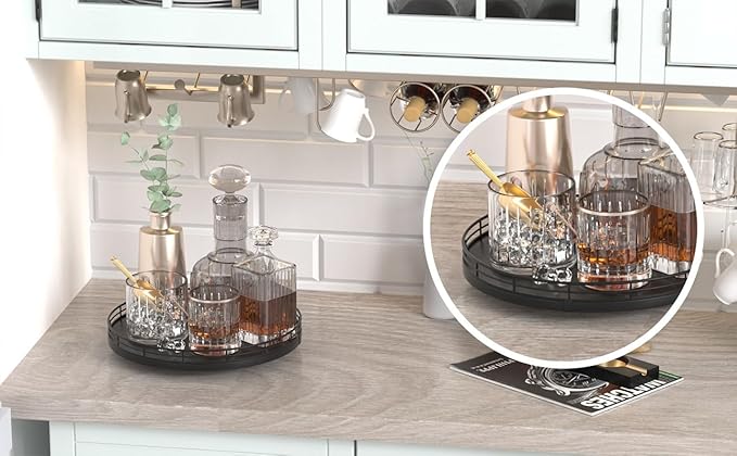 360-Degree Rotating Lazy Susan Turntable, Oak Wood and Iron Frame, 10-Inch Black Round Organizer with Raised Edges, Anti-Slip Base for Kitchen, Bathroom, Pantry