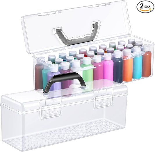 2 Pcs Paint Storage Box for 2 Fl. oz Acrylic Paints, Acrylic Portable Craft art Organizer with Handle, 30 Bottles Capacity Plastic Art Supply Clear Boxes