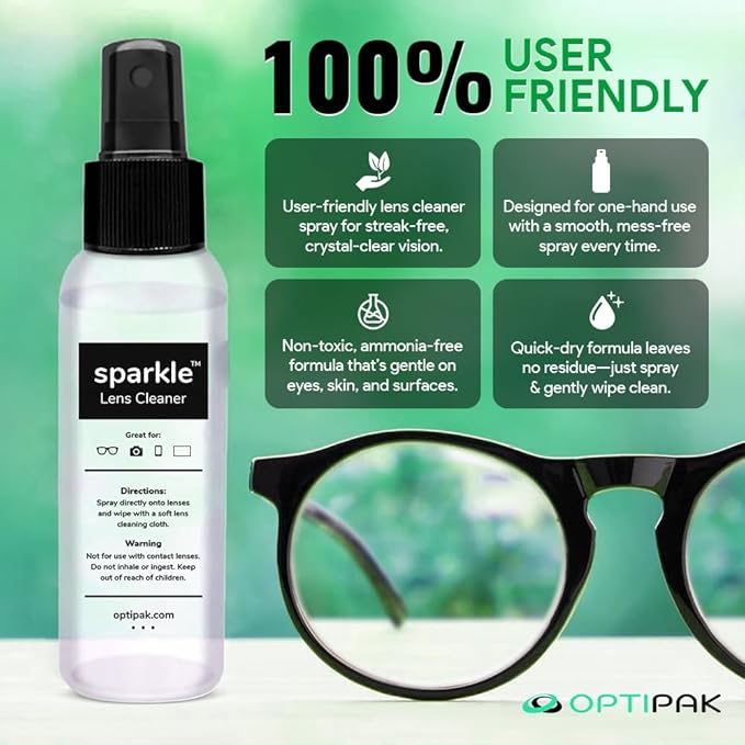 Sparkle Anti-Reflective Lens Cleaner Spray with Microfiber Cloth for Eyeglasses, Sunglasses, Lenses, Screens, Tablets & Binoculars - Ammonia Free And Streak Free (Black/8oz 1Pk)