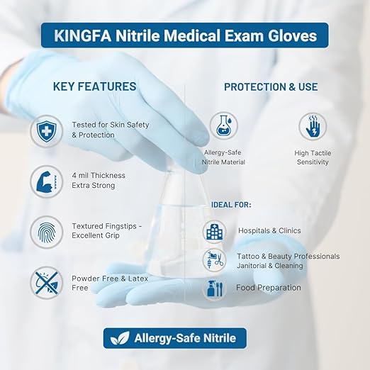 KINGFA Nitrile Medical Exam Gloves - 510(k), Powder Free, Latex Free, 4 mil Thickness, Blue (Case of 1,000) (X-Large)