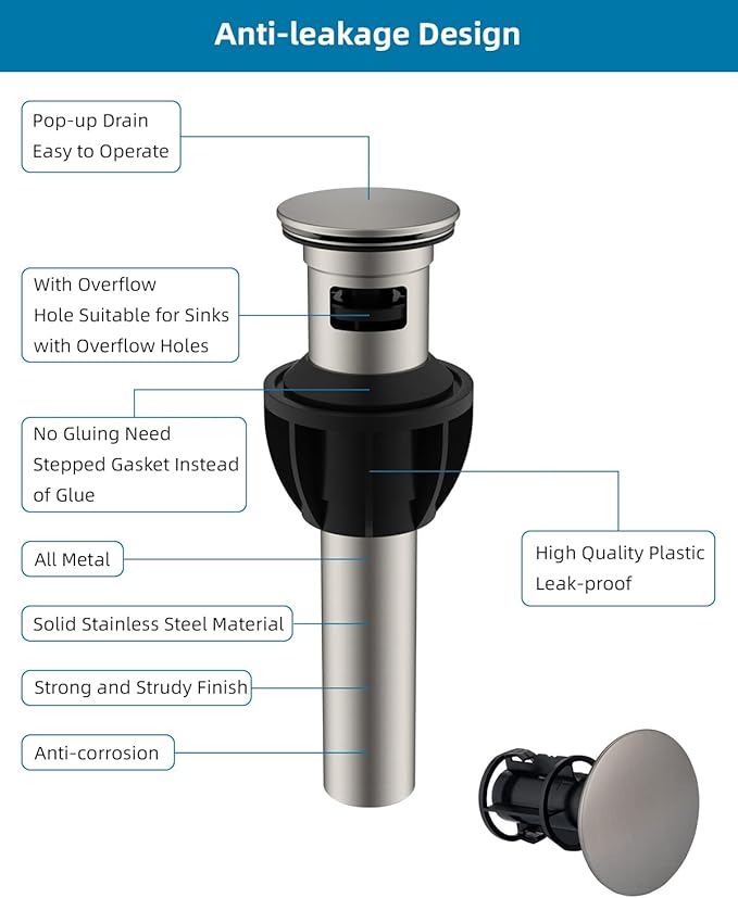 Hibbent 2 Pack Metal Bathroom Sink Drain with Overflow, Push and Seal Pop Up Drain Stopper, Stainless Steel Vessel Lavatory Vanity Sink Drain Stopper, Anti-Clogging Strainer, Brushed Nickel