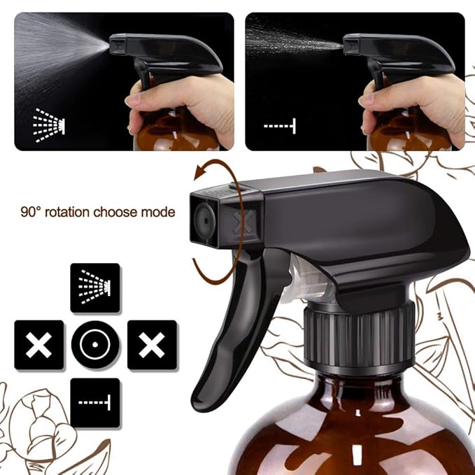 Glass Spray Bottles, 16oz*2+4oz*2+2oz*4 Refillable Containers, Empty Boston Round Bottles with Adjustable Nozzle for Cleaning, Gardening, Aromatherapy, Pets, Plant, Hair -Amber