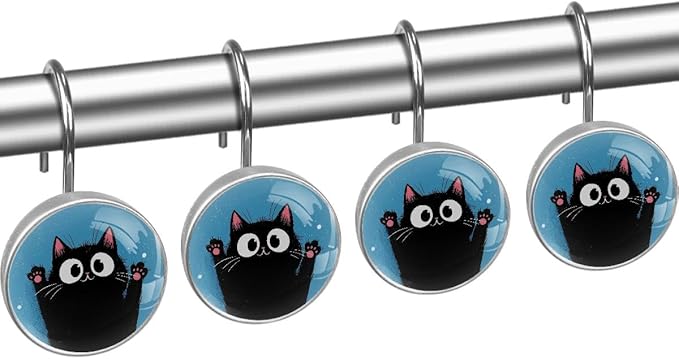 12 Packs Black Happy Cat Shower Curtain Hooks, Stainless Steel Glass Shower Curtain Rings for Bathroom, Rustproof Metal Curtain Rod Hooks
